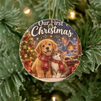 Our First Christmas Puppy and Kitten Ceramic Ornament