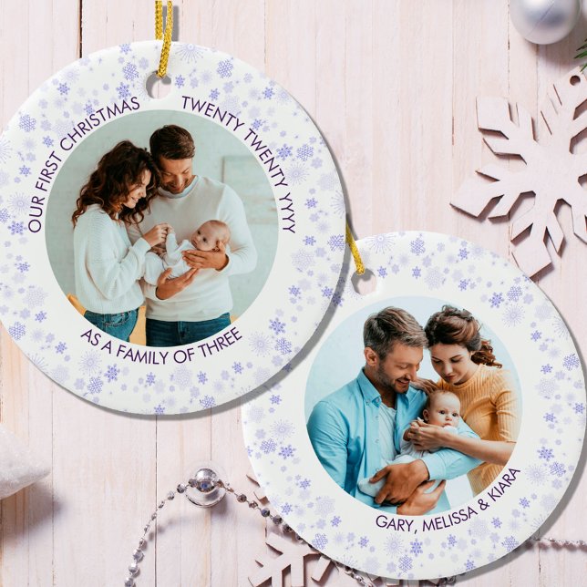 Our First Christmas | Purple Ditsy Snowflake Photo Ceramic Ornament (Creator Uploaded)