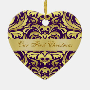 Our First Christmas Purple Gold Damask Ornament