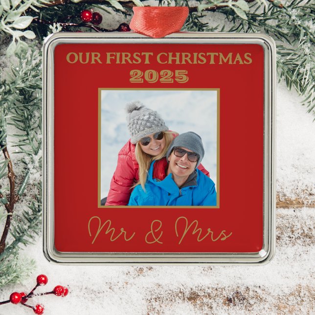 Our First Christmas Red And Gold Mr And Mrs Photo Metal Ornament (Creator Uploaded)