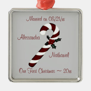 "Our First Christmas" - Red Candy Cane [b] Metal Ornament