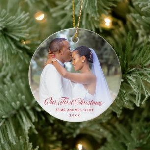 Our First Christmas Red Elegant Script Photo Ceramic Ornament