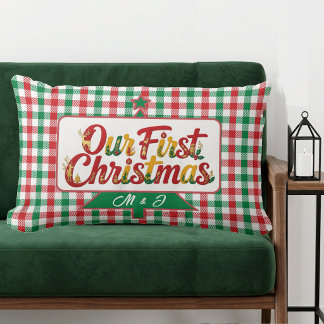 Our First Christmas Red Green Plaid Monograms Lumbar Cushion