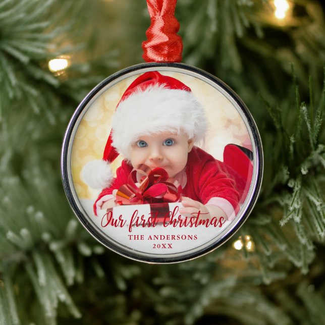 Our First Christmas Red Script Photo Metal Ornament (Tree)