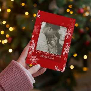 Our First Christmas Red Snowflakes Minimalist Holiday Card