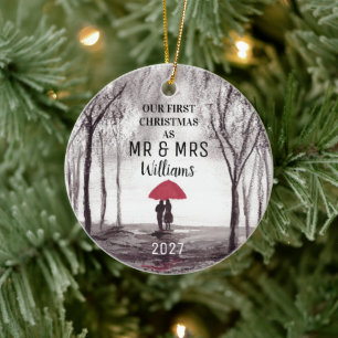 Our First Christmas Red umbrella love couple Ceramic Ornament