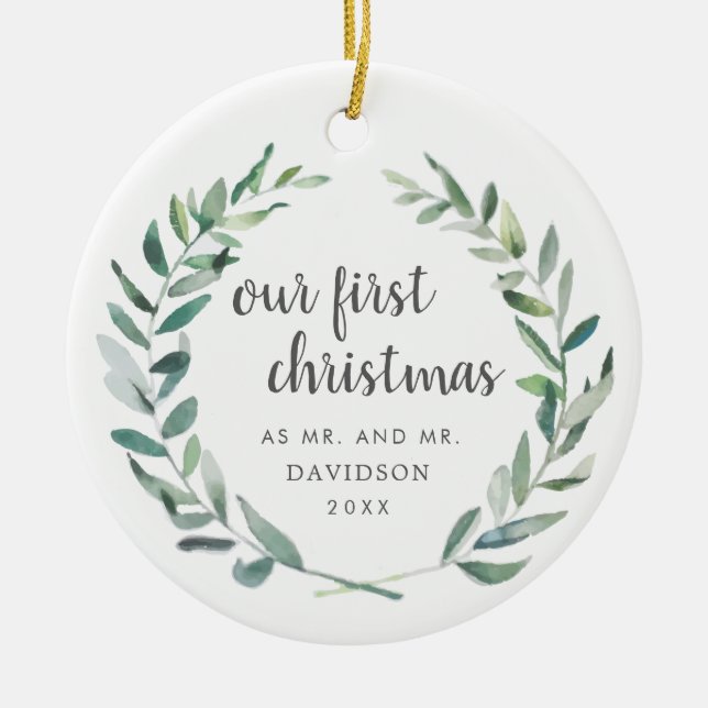 Our First Christmas Rustic Gay Newlywed Photo Ceramic Ornament (Front)