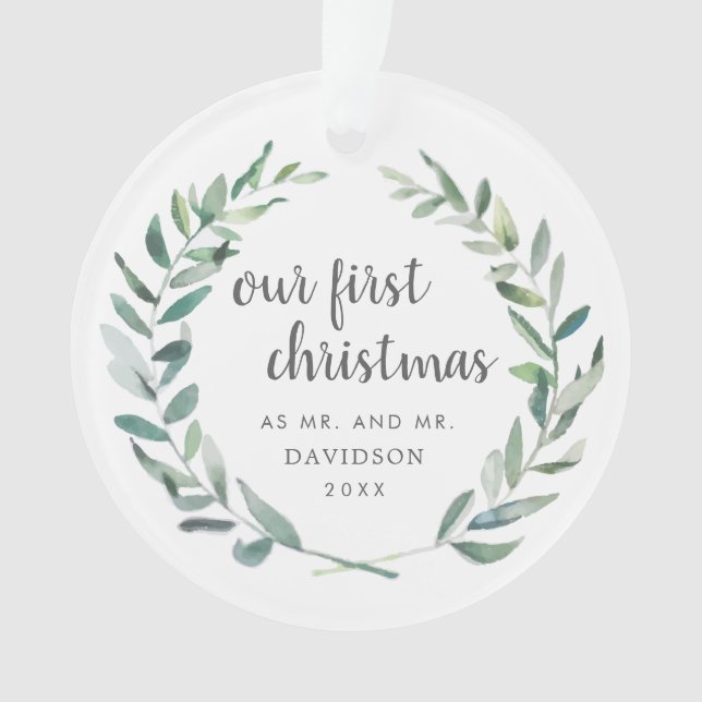 Our First Christmas Rustic Gay Newlywed Photo Ornament (Front)