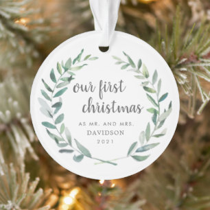 Our First Christmas Rustic Greenery Newlywed Photo Ornament