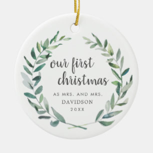 Our First Christmas Rustic Lesbian Newlywed Photo Ceramic Ornament