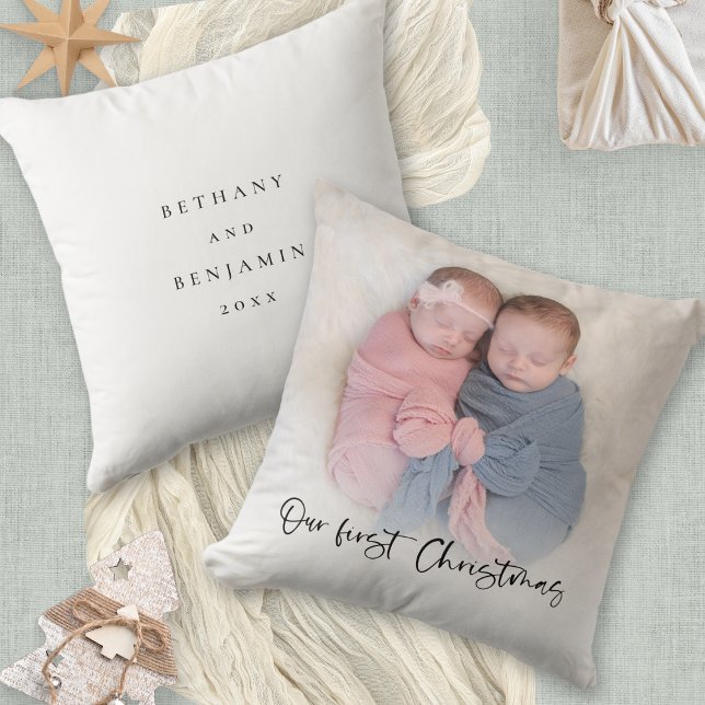 Our First Christmas Script Baby Twins Photo  Cushion (Front and back view)