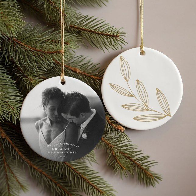 Our First Christmas Sprout Photo Ceramic Ornament (Our first Christmas couples photo ornament featuring a hand-drawn botanical sprout.)