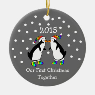Our First Christmas Together 2015 (LGBT Penguins) Ceramic Ornament