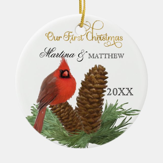 Our First Christmas Together Cardinal Pine Cones Ceramic Ornament (Front)