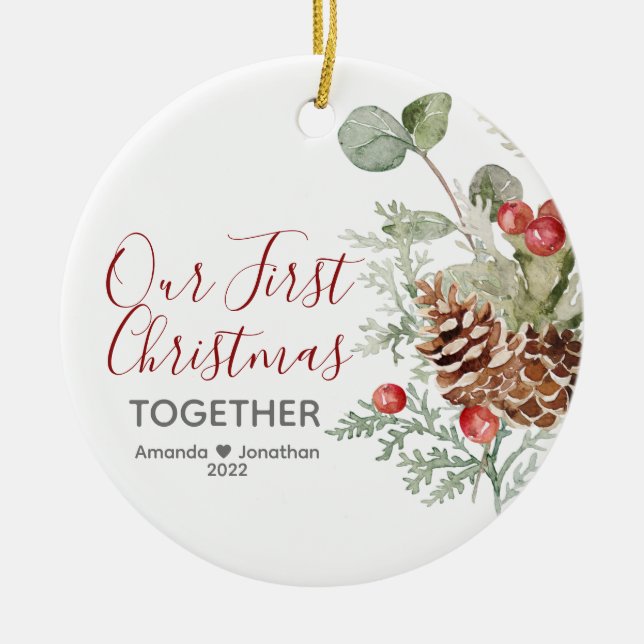 Our First Christmas Together Christmas Floral Ceramic Ornament (Front)
