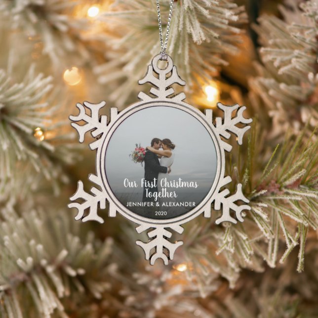 Our First Christmas Together couple married photo Snowflake Pewter Christmas Ornament (Tree)