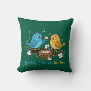Our First Christmas Together Cute Lovebirds Cushion