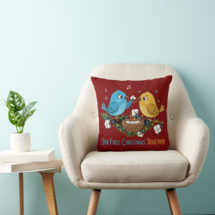 Our First Christmas Together Cute Lovebirds Cushion