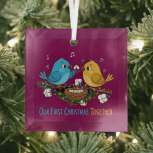 Our First Christmas Together Cute Lovebirds Glass Tree Decoration