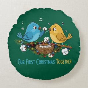 Our First Christmas Together Cute Lovebirds   Round Cushion