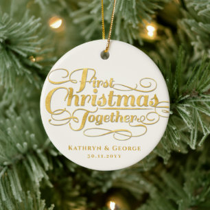 Our First Christmas Together Golden Script Photo Ceramic Ornament