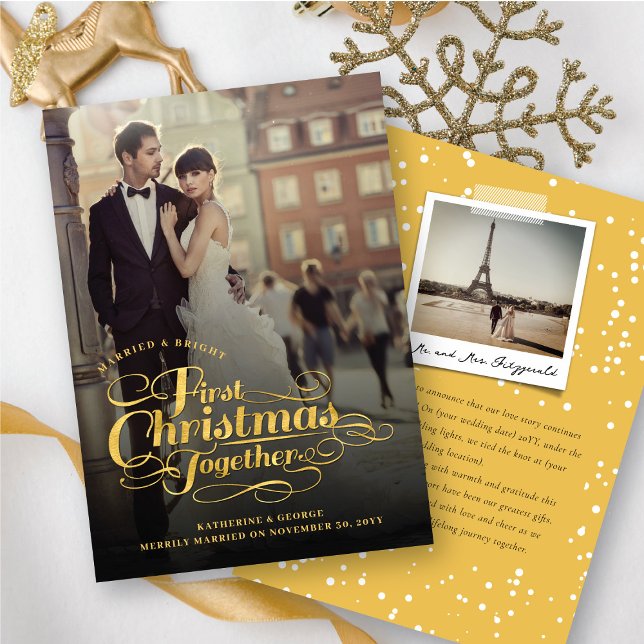Our First Christmas Together Golden Script Photo Holiday Card (Creator Uploaded)