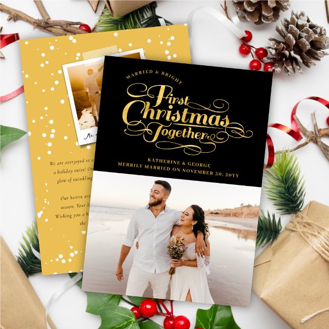 Our First Christmas Together Golden Script Photo Holiday Card (Creator Uploaded)