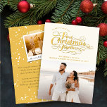 Our First Christmas Together Golden Script Photo Holiday Card<br><div class="desc">'Our Very Merry First Christmas Together' Calligraphy Romantic Script Photo Holiday Wedding Announcement / Mr & Mrs First Christmas Greeting Card. The back of the card features a snapshot photo of the couple, a customisable holiday message, solid colour background with white snow dots pattern. The base background can be changed...</div>