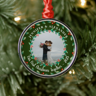 Our first christmas together holly photo metal ornament