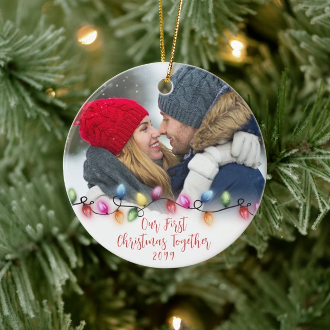 Our First Christmas Together Lights 2 Photos Ceramic Ornament (Tree)
