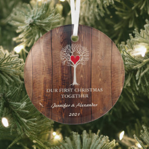 Our first Christmas together love tree rustic wood Glass Tree Decoration