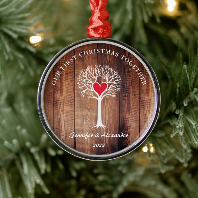 Our first Christmas together love tree rustic wood Metal Ornament (Tree)