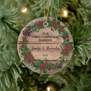 Our first Christmas together married wood berries Ceramic Ornament