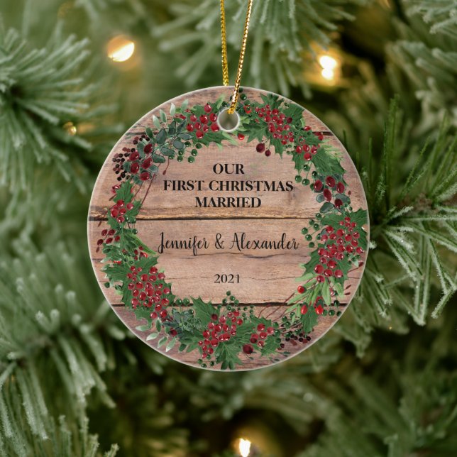 Our first Christmas together married wood berries Ceramic Ornament (Tree)