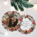 Our First Christmas Together Photo and Date Tree Decoration Card<br><div class="desc">Add your favourite holiday photo to this romantic keepsake for newlyweds. Our first Christmas together ornament with pretty watercolor floral wreath.</div>