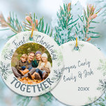 Our First Christmas Together Photo Snowflake Ceramic Ornament<br><div class="desc">"Our first Christmas together" - personalised Christmas ornaments are a lovely keepsake to have as part of your Christmas decor. The template is set up ready for you to personalise the ornament with your photo, your names and the year. The design includes hand lettered style script typography and a light...</div>