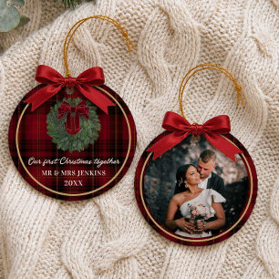Our First Christmas Together Plaid Photo Ceramic Ornament