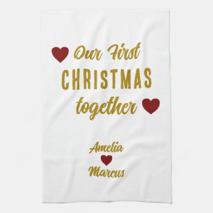 Our First Christmas Together Red Hearts Tea Towel