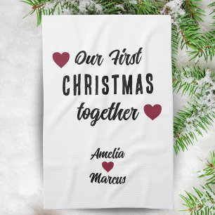 Our First Christmas Together Red Hearts  Tea Towel