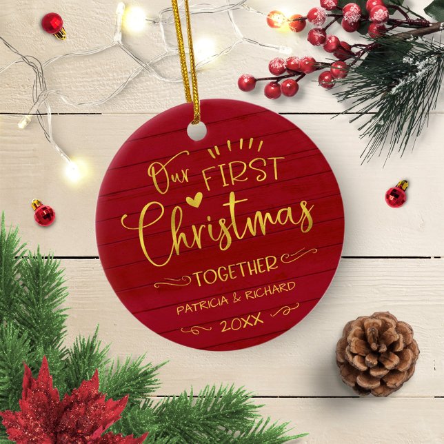Our First Christmas Together Rustic Farmhouse Red Ceramic Ornament (Creator Uploaded)