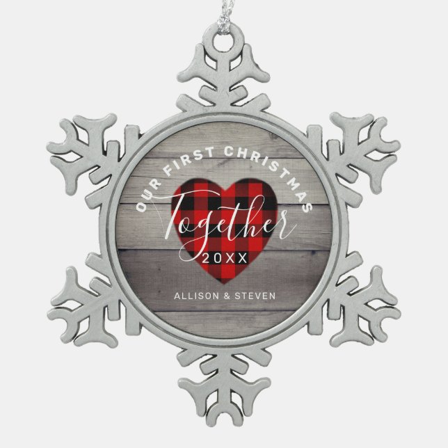 Our First Christmas Together Rustic Personalised Snowflake Pewter Christmas Ornament (Front)