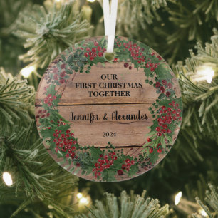 Our first Christmas together rustic wood berries Glass Tree Decoration