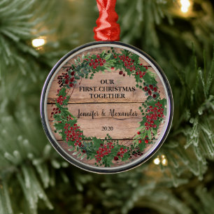 Our first Christmas together rustic wood berries Metal Ornament