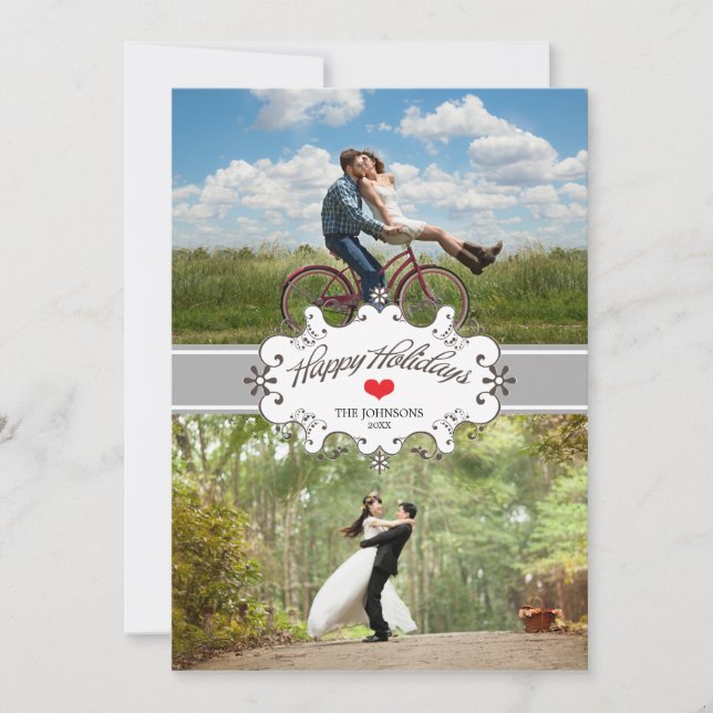 Our First Christmas Together Silver Ribbon 2-Photo Holiday Card (Front)