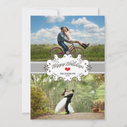 Our First Christmas Together Silver Ribbon 2-Photo Holiday Card