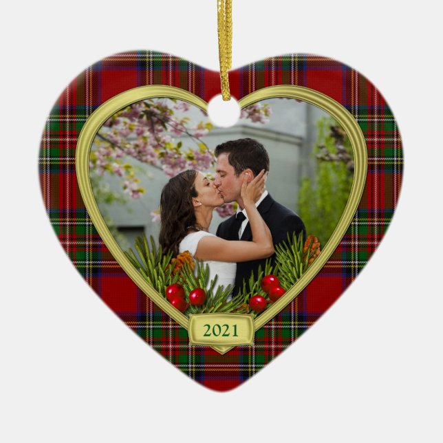 Our First Christmas Together Tartan Photo Xmas Ceramic Tree Decoration (Front)