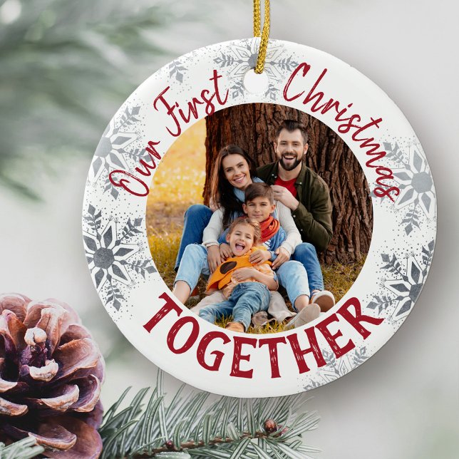 Our First Christmas Together w. Custom Photo - Red Ceramic Ornament (First Christmas Together family photo ornament)