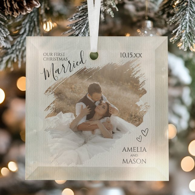Our First Christmas Together Wedding Photo Glass Tree Decoration (Our First Christmas Together Wedding Photo Glass Ornament)
