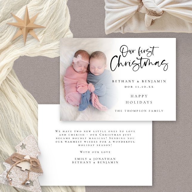 Our First Christmas Twin Babies Custom Photo Holiday Card (Front and back view. Available digitally or printed.)