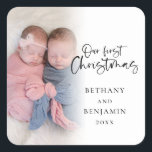 Our First Christmas Twin Baby Name Year Photo Square Sticker<br><div class="desc">Our First Christmas Twin Baby Names Year Photo Overlay Celebrate your twin’s first Christmas along with your festive mailings. A stylish set script for Our  First Christmas and the rest of the text is easy to personalise. Replace the sample photo with your own.</div>